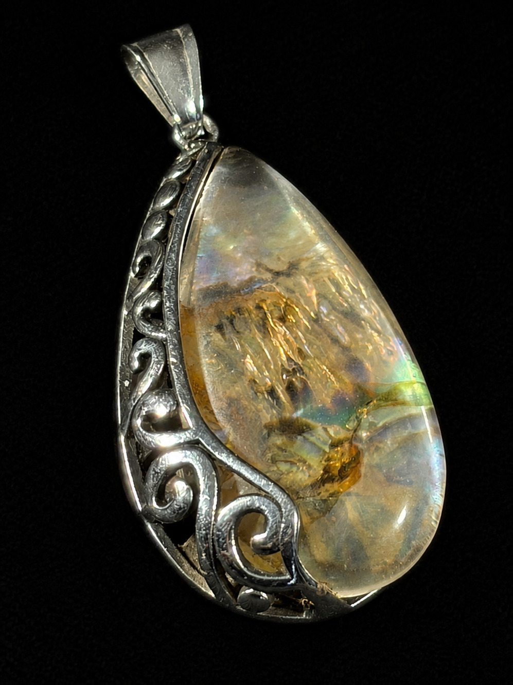 Large Iridescent Art Glass Teardrop Pendant Ornate Silver Tone 2” Boho